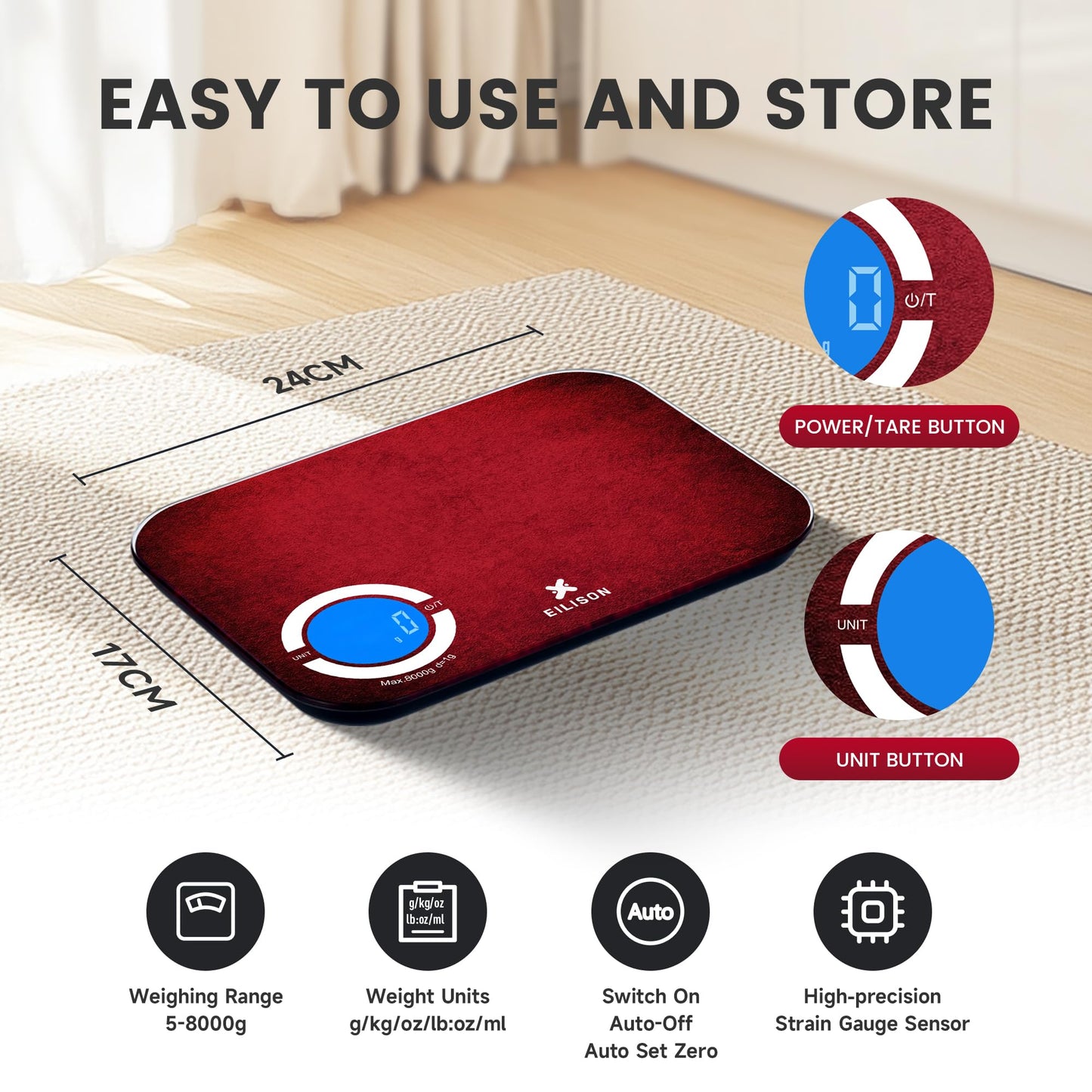 EILISON Smart Kitchen Scale with Bluetooth App, High-Precision Digital Food Scale for Baking, Cooking & Diet, 8000 Food Database, 24 Nutrients, Touchscreen, Tare Function, 5g-8000g Capacity (Red)