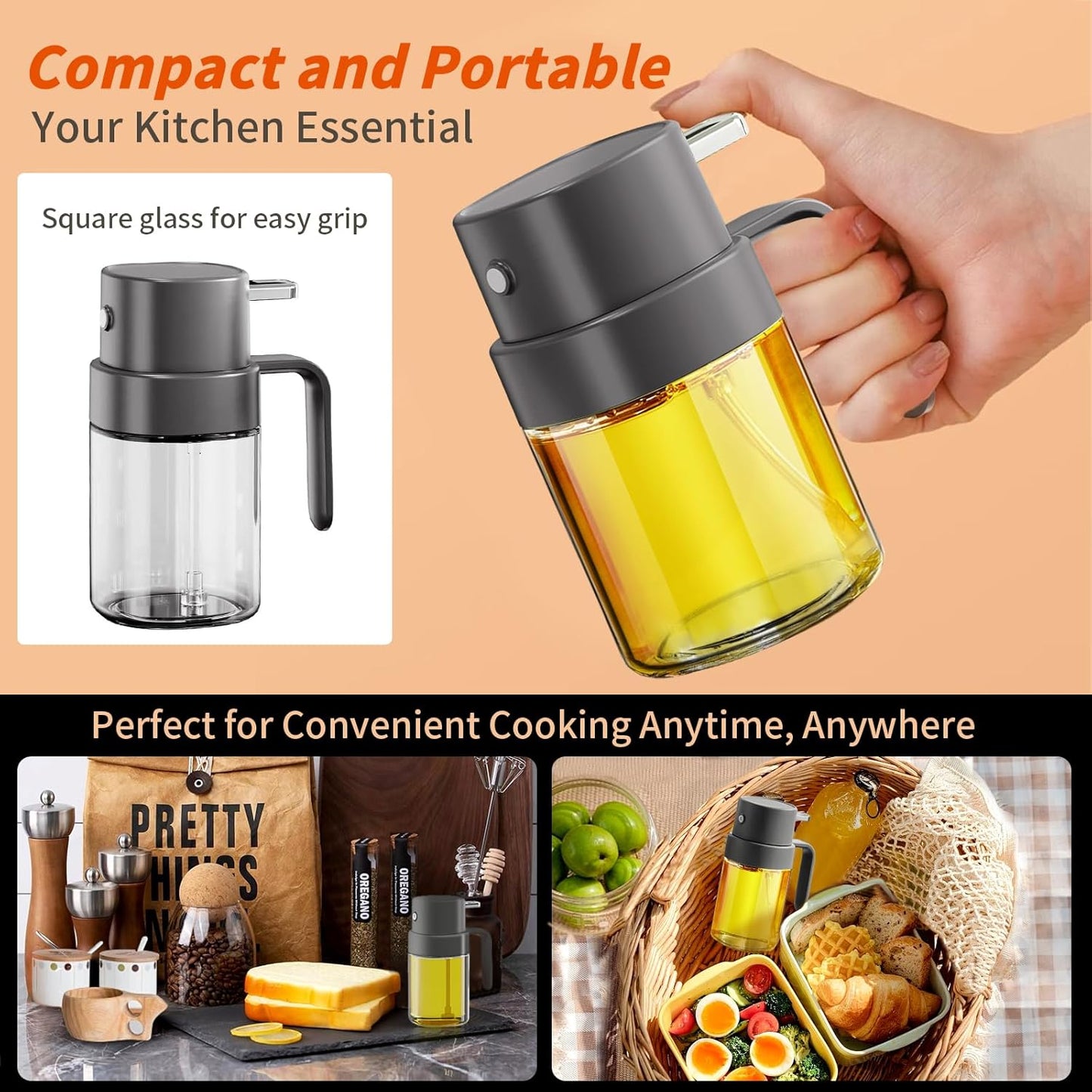 YARRAMATE Mini Oil Sprayer - 6.8 OZ Food-Grade Olive Oil Spray Bottle for Cooking | Portable Kitchen Mister (Gray)