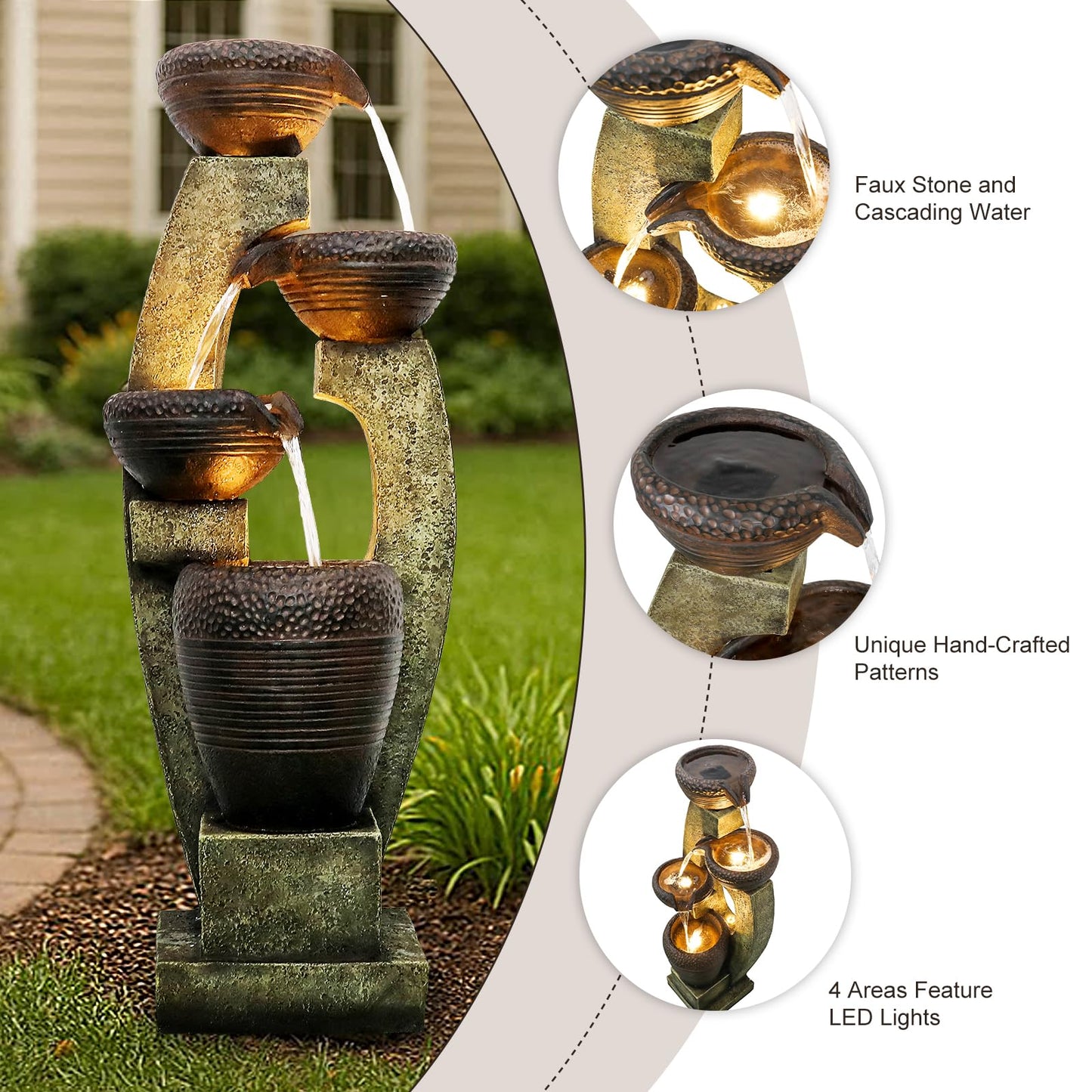 Naturefalls 40" Tall Outdoor Water Fountain and Waterfalls - Large Garden Fountain with LED Lights, 4-Tier Crocks, Indoor and Outdoor Fountains for Garden, Patio, Deck, Porch, Backyard and Home, Gray