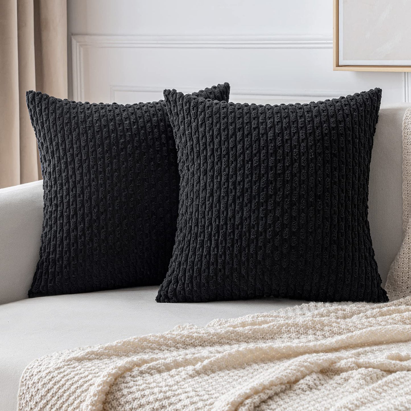 MIULEE Pack of 2 Decorative Throw Pillow Covers 18x18 Inch Soft Boho Striped Textured Corduroy Pillow Covers Modern Farmhouse Home Decor for Couch Bed Sofa Living Room Cream White