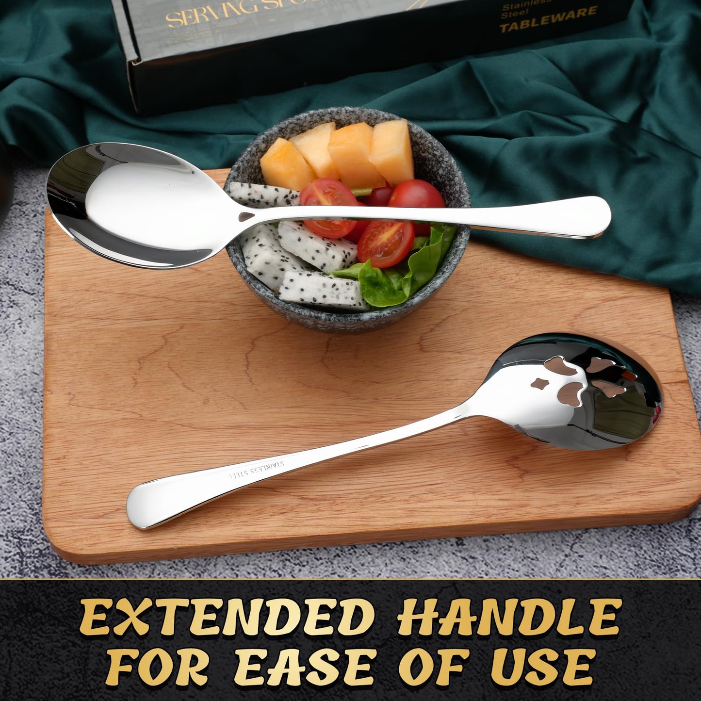 Keyoxy 6 Piece Stainless Steel Serving Spoon Set - 3 Large, 3 Slotted,Dishwasher Safe,10-Inch,for Parties/Kitchen/Buffet/Catering