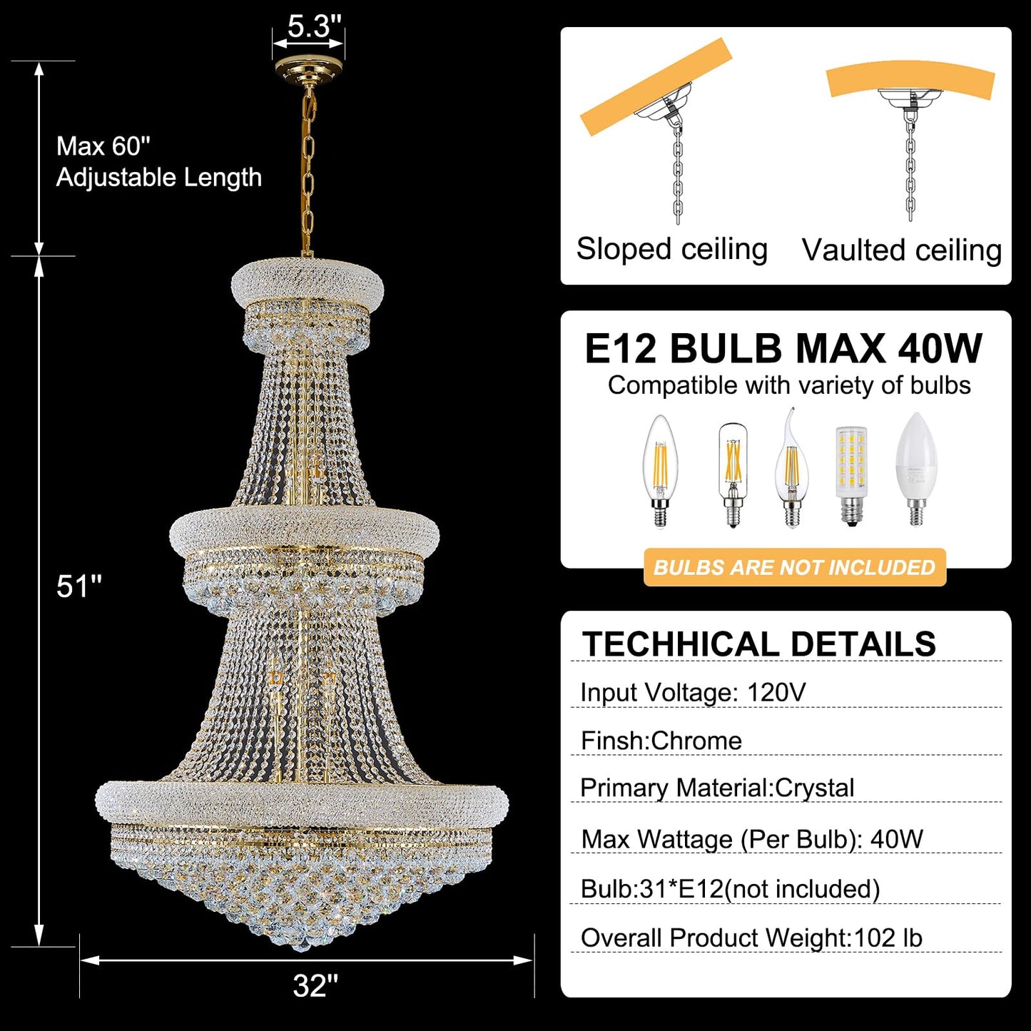 Homeooze 31 - Light Large Empire Crystal Chandelier for High Ceiling Foyer Entryway Staircase Living Room Dining Room Gold Finish