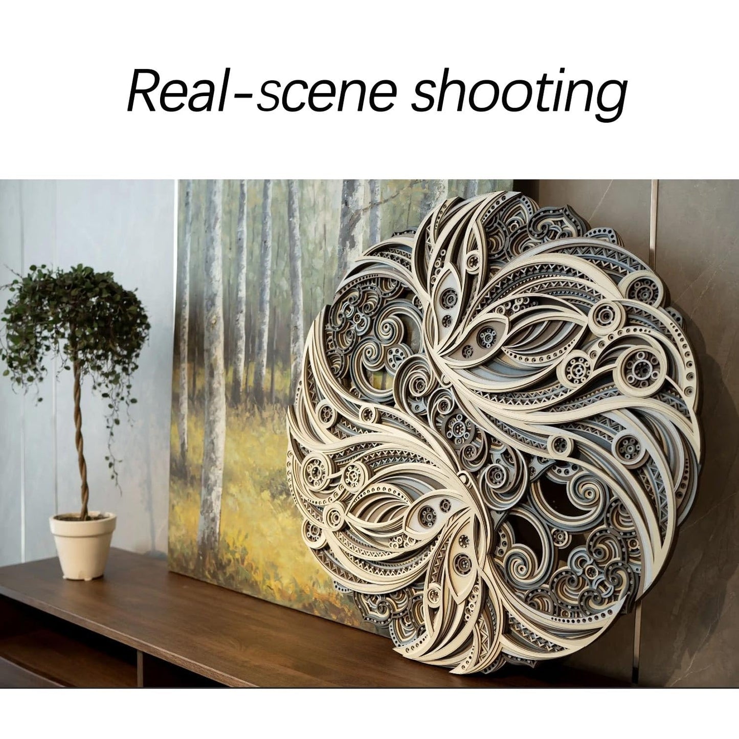 FARIDRUN Multi-layer wall art, large geometric wooden wall art, mandala laser-cut art, 3D murals, tapestries, wall decorations(23.6 inches x 23.6 inches)