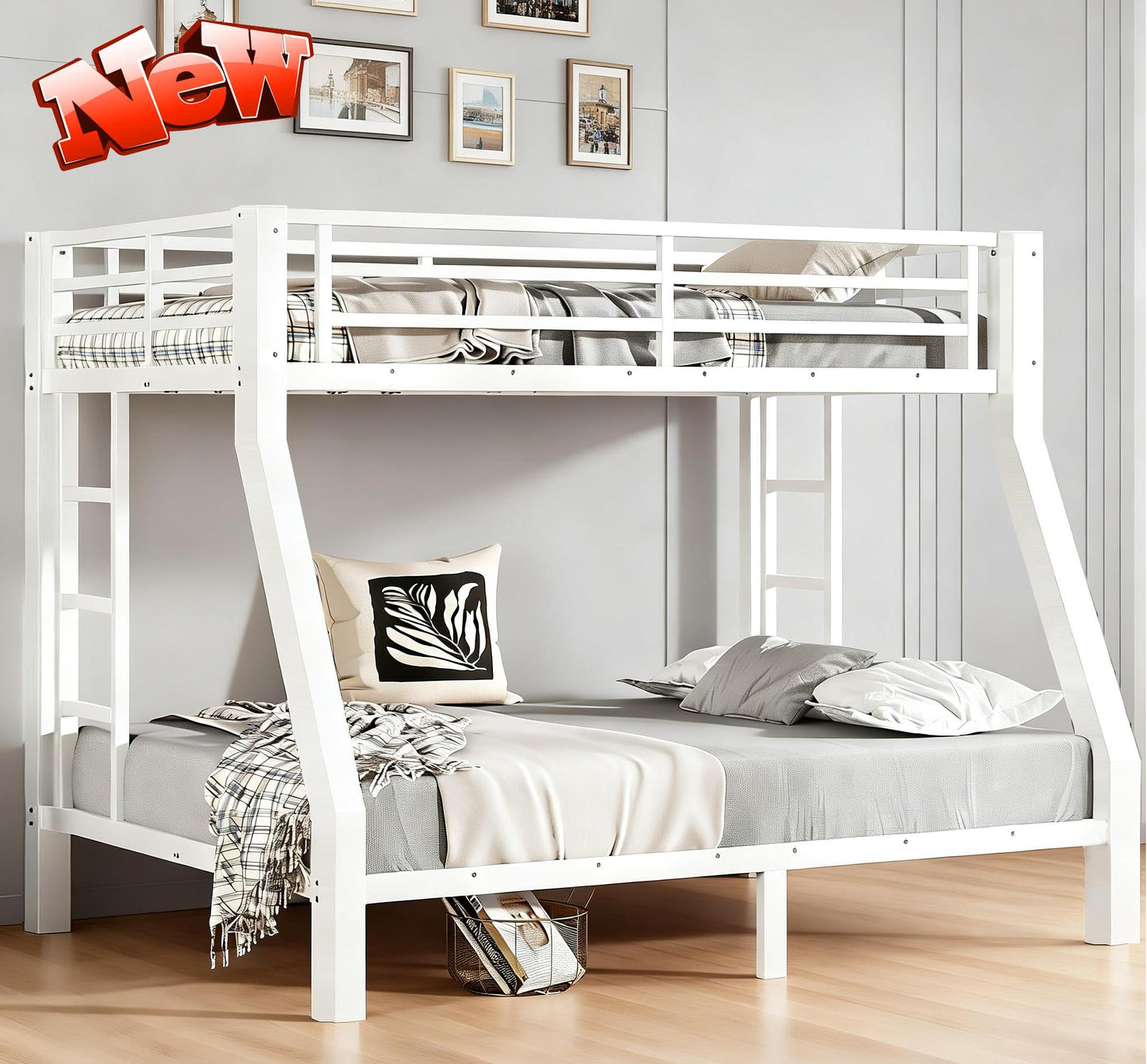 STERXONE Upgraded Version Thickened Stronger Metal Twin Over Full Bunk Bed, Heavy Duty Steel Twin Over Full Size Bunk Bed, Best Bunk Bed Frame for Adults (White,Twin Over Full)