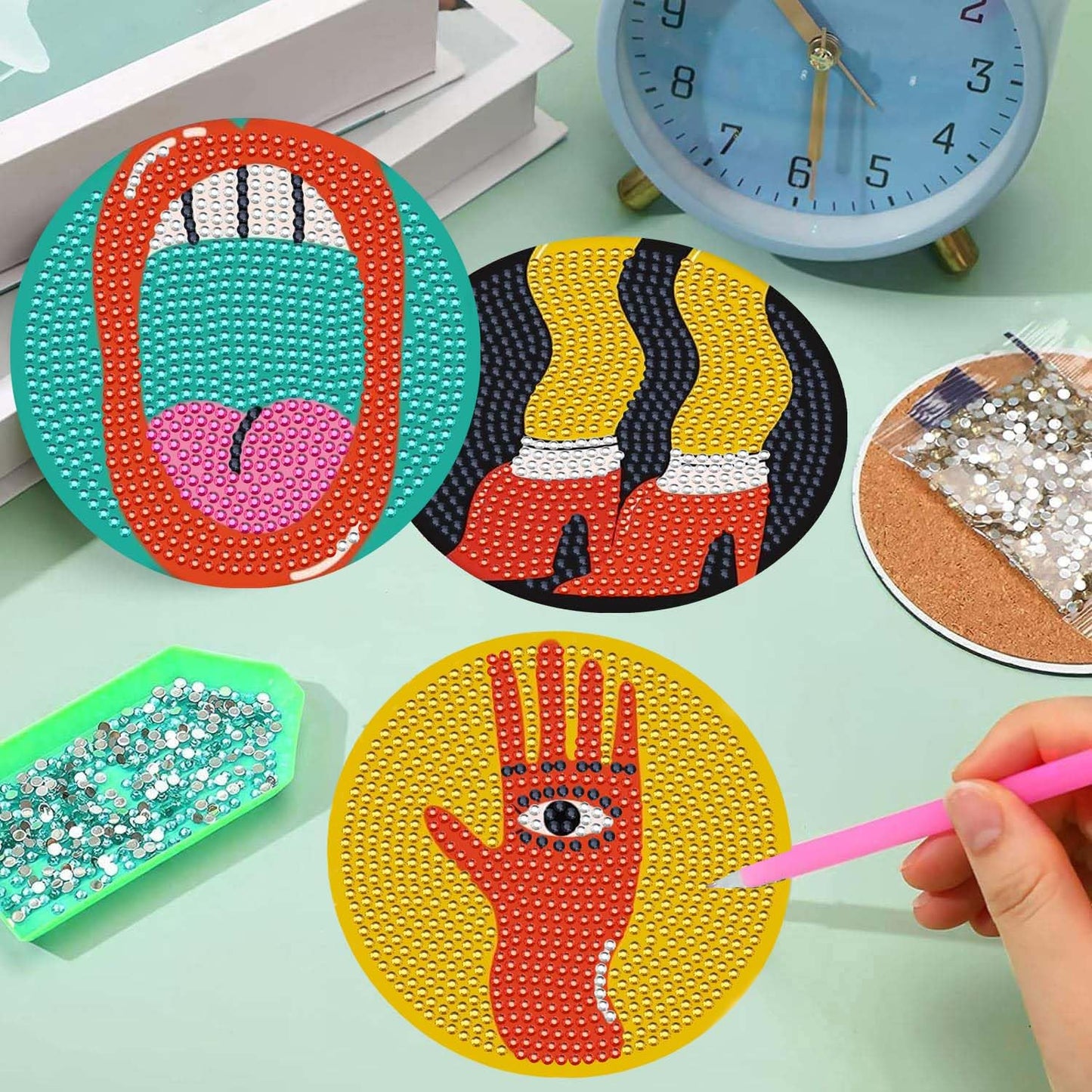 6 Pcs 5D DIY Diamond Paintings Vintage Coasters with Holder for Adults Beginners, Round Full Drill Diamond Art Craft Supplies.Vintage QLBD-18