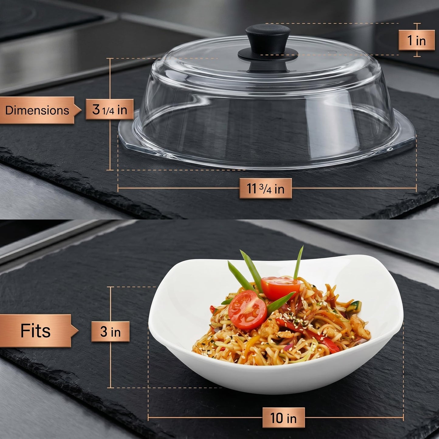 Bezrat Microwave Tall Glass Plate Cover | Splatter Guard Lid with Easy Grip Silicone Handle Knob | 100% Food Grade | BPA Free and Dishwasher Safe | 10 Inch (Black-)