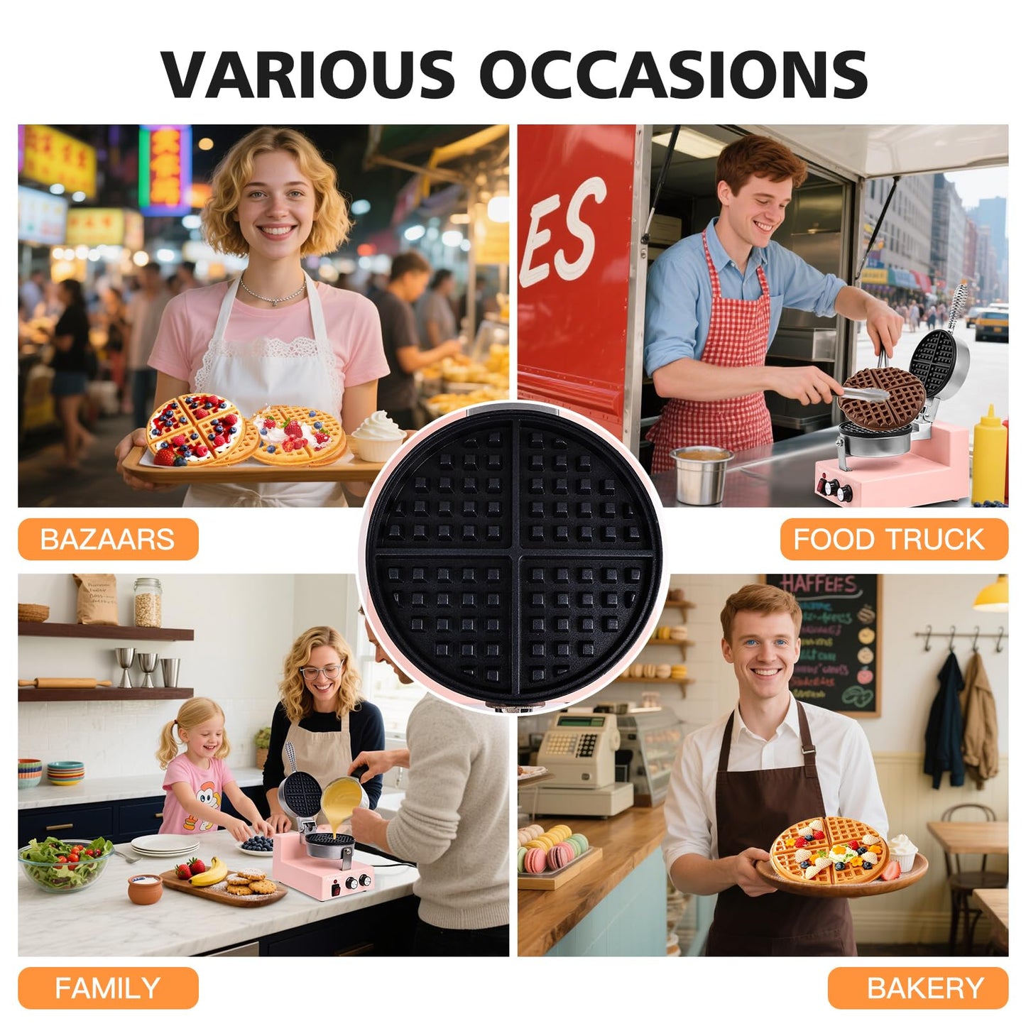 Popfoodex Commercial Waffle Maker for Restaurant, 110V Electric Waffle Maker w/Non-stick and 122–572°F Adjustable Temp, 1200W Profession Waffle Iron with Timer and Heavy Duty, Hotel Waffle Machine