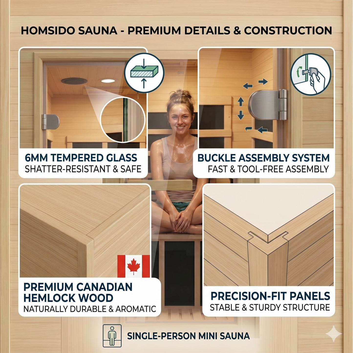 1-Person Home Sauna, 32.3IN x 27.2IN x 59IN Mini Canadian Hemlock Wood Far Infrared Sauna with 5 Low-EMF Carbon Heaters (60-140°F), 110V/900W, Bluetooth Speaker, Quick 30-Min Setup, Fits Any Room