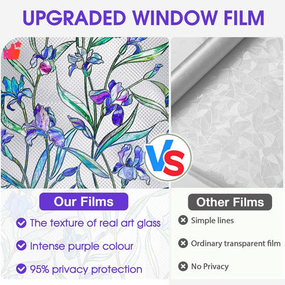 Coavas Stained Glass Window Privacy Film, 3D Violet Flower Static Cling Decals, 17 x 118.1 Inch, Bathroom Sun Heat