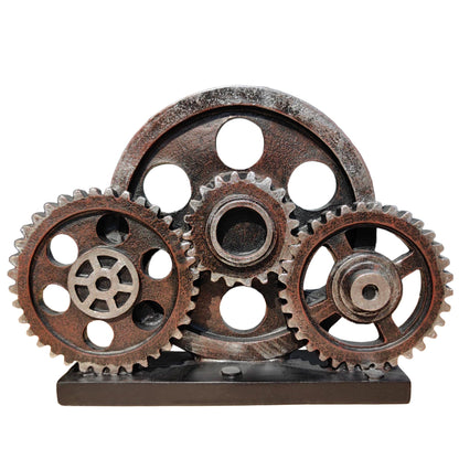 FMTITF Antique Copper Steampunk Gear Train Sculpture, Industrial Decor Statue for Bookshelf, Heavy Duty Resin Figurine with Mechanical Gears, Home Office Decor Gift for Men, Man Cave Collectible Art