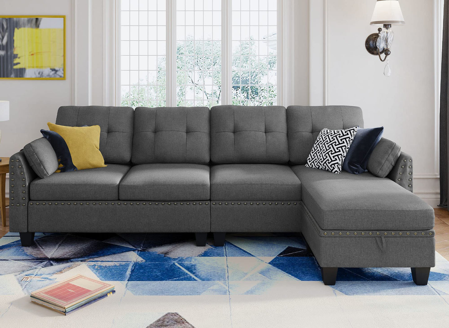 HONBAY Convertible Sectional Sofa L Shaped Couch Reversible Sectional Couches for Living Room,Grey