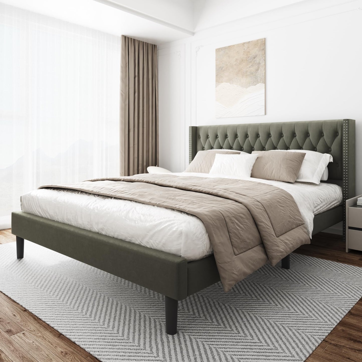 HAOARA King Size Bed Frame, Upholstered Platform Bed with Wingback Headboard, Velvet Button Tufted, Easy Assembly, No Box Spring Needed, Green