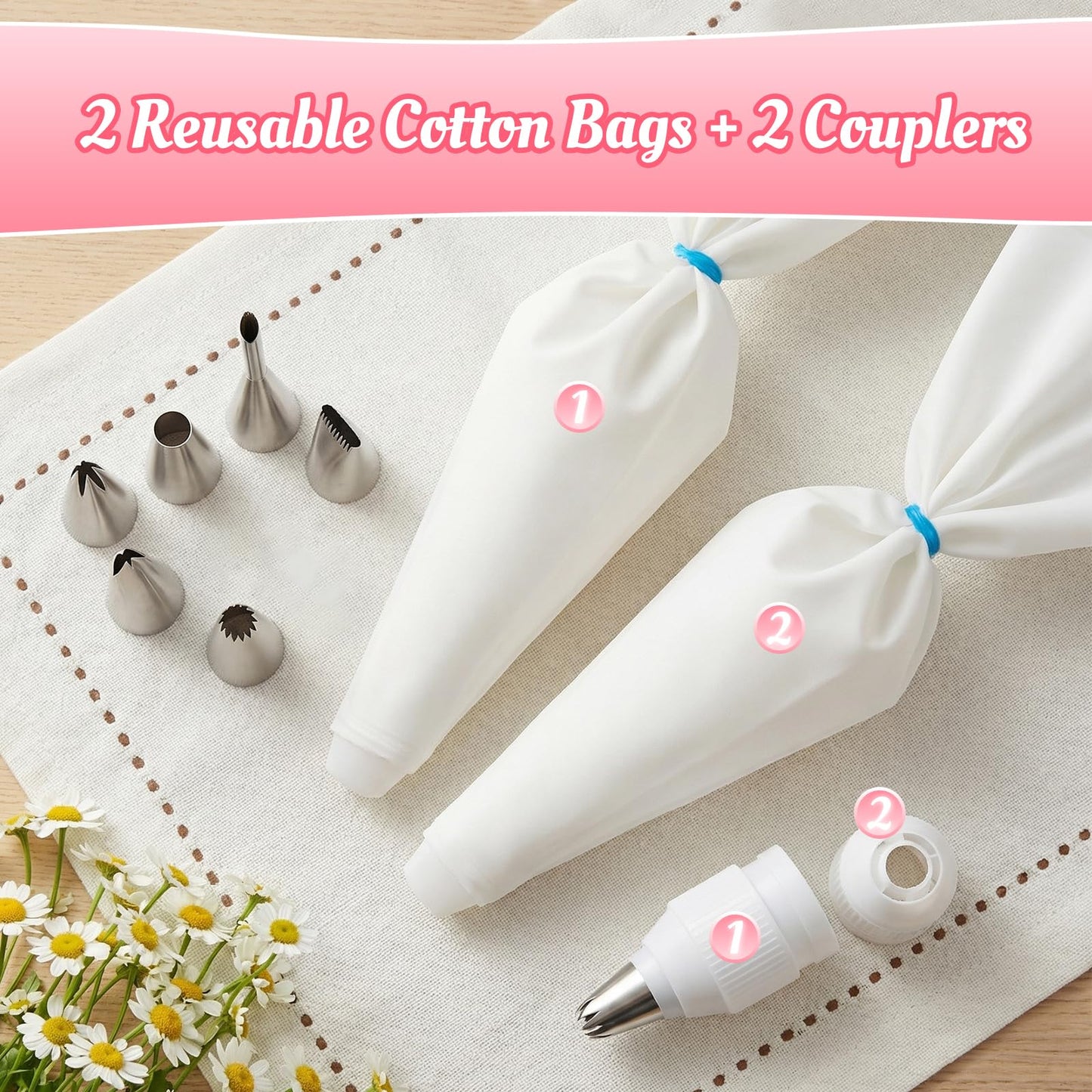Cleangor Piping Bags and Tips Set, 16 Inch 114 Pcs Cake Decorating Kit with 100 Disposable Icing Bags, 2 Reusable Pastry Bags, 7 Stainless Steel Frosting Tips, 2 Couplers, 2 Bag Ties and 1 Brush