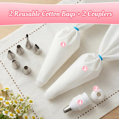 Cleangor Piping Bags and Tips Set, 16 Inch 114 Pcs Cake Decorating Kit with 100 Disposable Icing Bags, 2 Reusable Pastry Bags, 7 Stainless Steel Frosting Tips, 2 Couplers, 2 Bag Ties and 1 Brush