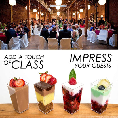 DLux 100 x 3 oz Mini Dessert Cups with Spoons, Square Tall - Clear Plastic Parfait Appetizer Cup - Small Reusable Serving Bowl for Party Desserts Appetizers - with Recipe Ebook