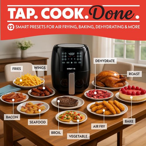 Gourmia Air Fryer - 6 Qt Large Capacity with FryForce 360º & Digital Display | 12 Cooking Presets, Black