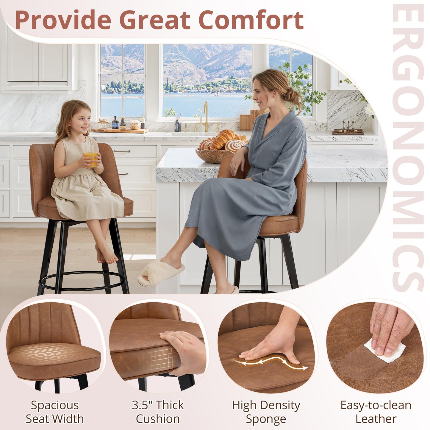 LUE BONA 360° Swivel Leather Bar Stools Set of 3, 26" Counter Height Barstools with Backs and Metal Legs, Modern Upholstered Bar Chairs for Kitchen Island, Brown