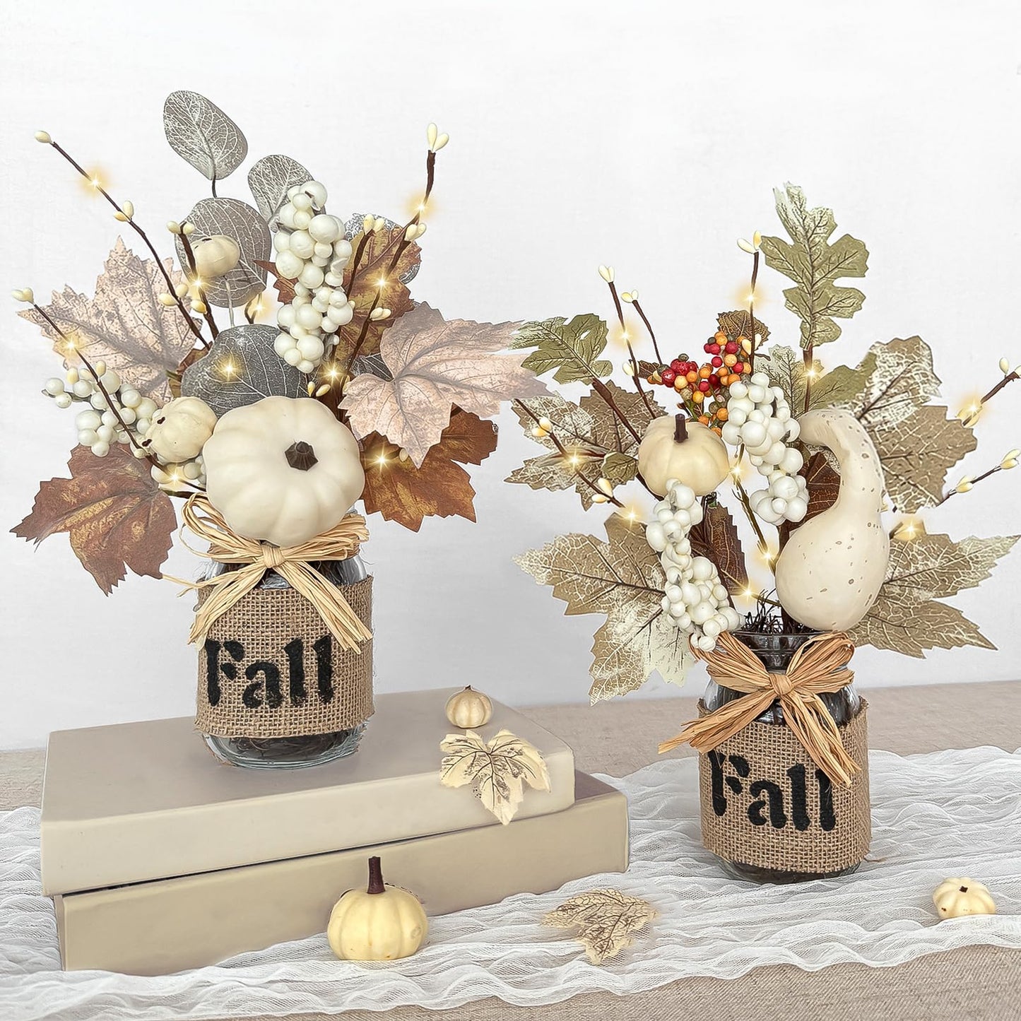 2 Pack 13.5 Inch Fall Decorations Fall Table Decor, Mason Jar with Maple Leafed Pumpkins Berried 20 LED Lights Timer Thanksgivings Fall Centerpieces for Dinner Table Kitchen Bathroom Office Home Decor