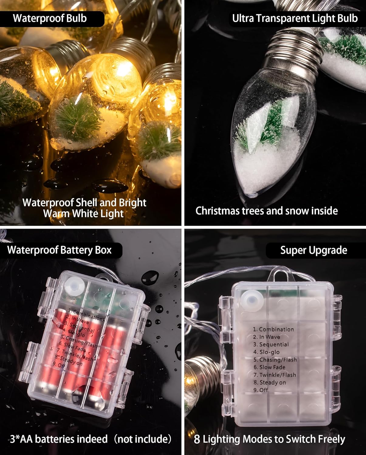 2Pcs 6.6 20 Bulbs Christmas Snow Globe String Lights Indoor Decorations FT Battery Operated Powered String Lights