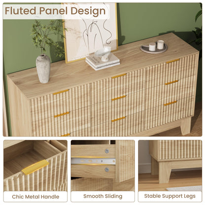 Garvee 9 Drawer Dresser for Bedroom, 59" Wide Fluted Chest of Drawers with Metal Handle, Modern Wooden Dresser TV Stand, Clothes Storage Organizer Wood Closet for Hallway, Entryway, Natural Oak