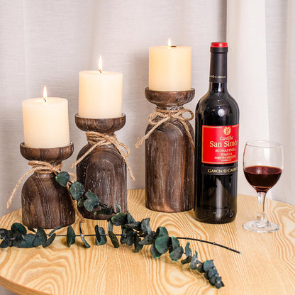 Farmhouse Wooden Candle Holders for Pillar Candles, Brown Distressed Set of 3 Rustic Wood Pillar Wood Candle Stands with Hemp Rope Bow Table Centerpiece Decor for Fireplace, Living, and Dining Room
