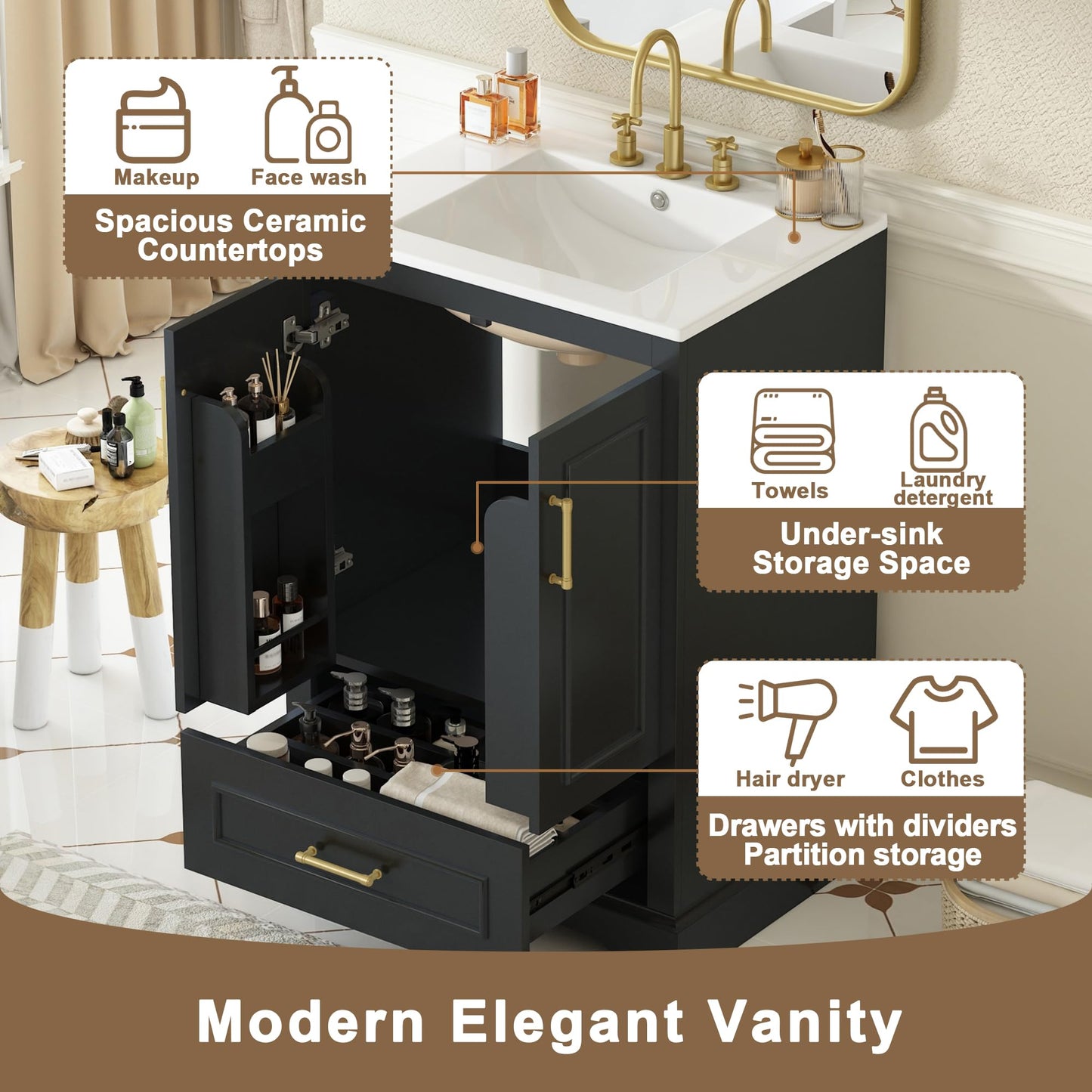 Merax 24" Bathroom Vanity with Sink & 1 Divider Drawer & 2 Soft-Close Doors (Double Shelf on Door), MDF and Solid Wood Frame, Freestanding Vanity Cabinet (Black)