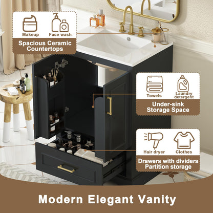 Merax 24" Bathroom Vanity with Sink & 1 Divider Drawer & 2 Soft-Close Doors (Double Shelf on Door), MDF and Solid Wood Frame, Freestanding Vanity Cabinet (Black)