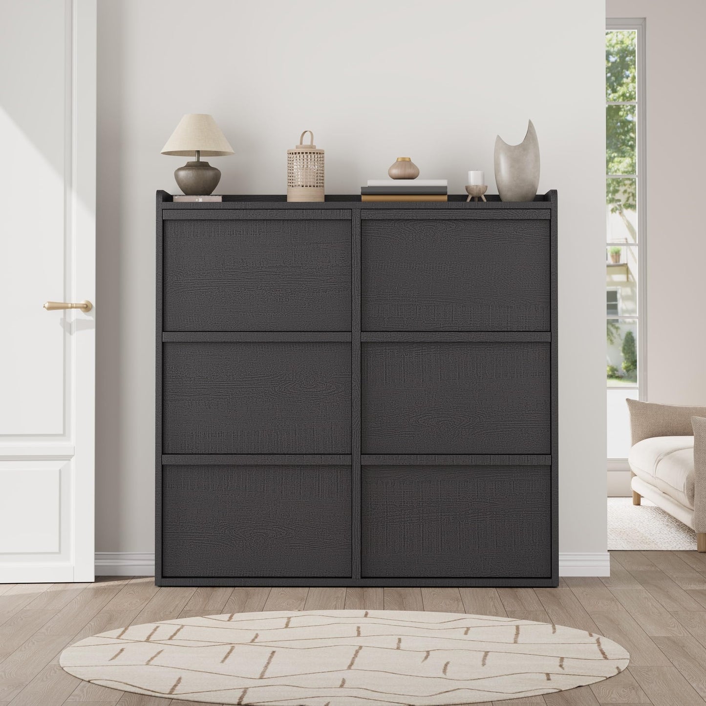 Patikuin Shoe Storage Cabinet with 6 Flip-Down Doors, Wooden Entryway Shoe Organizer with Adjustable Shelf, Hidden Hallway & Living Room Storage
