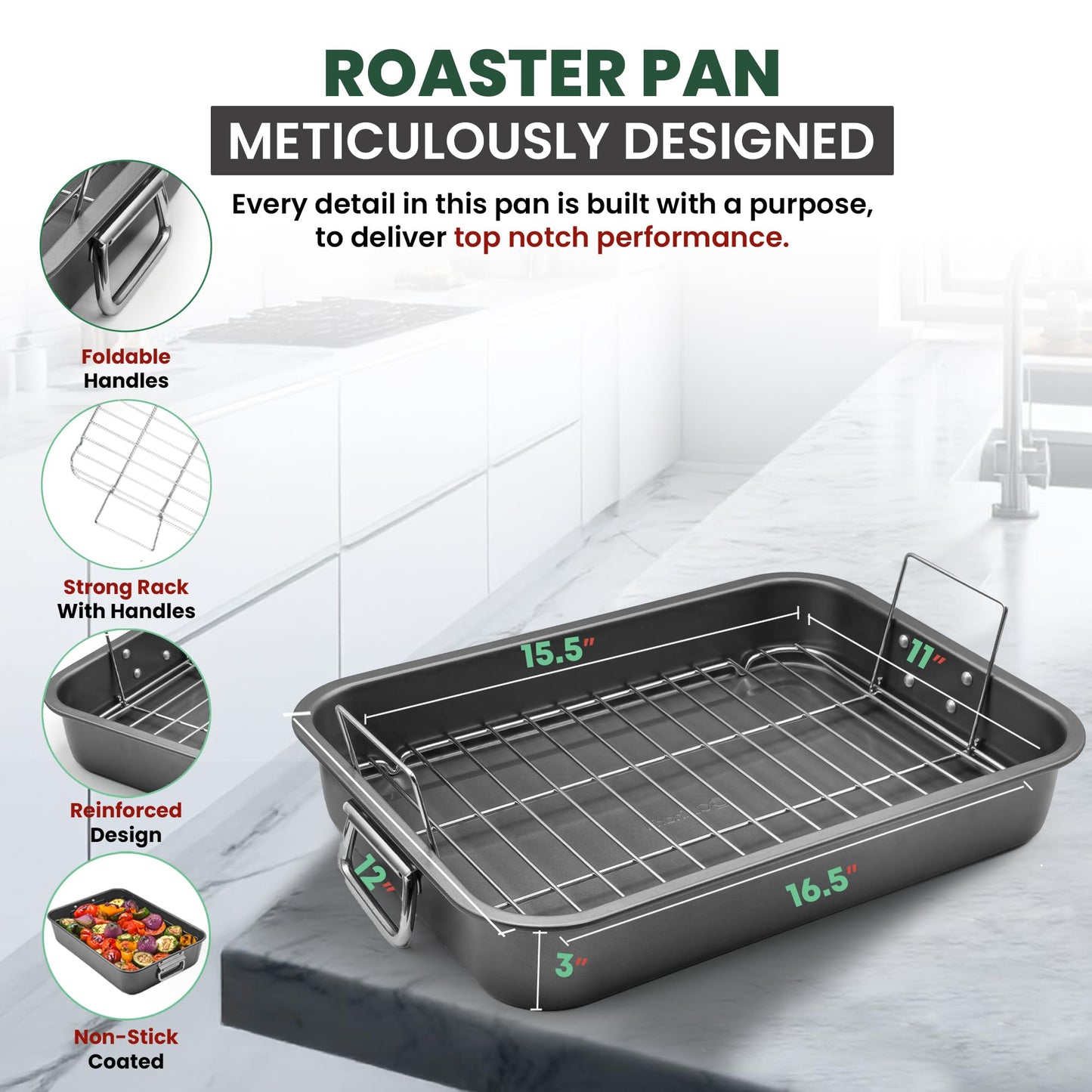 Large Roasting Pan With Rack 12” X 16” - Non Stick Large Roaster Pan and Flat Rack With Foldable Handles - Roasting Pans for Ovens to Elevate Food for Even Heating - Dishwasher Safe Turkey Roast Pot