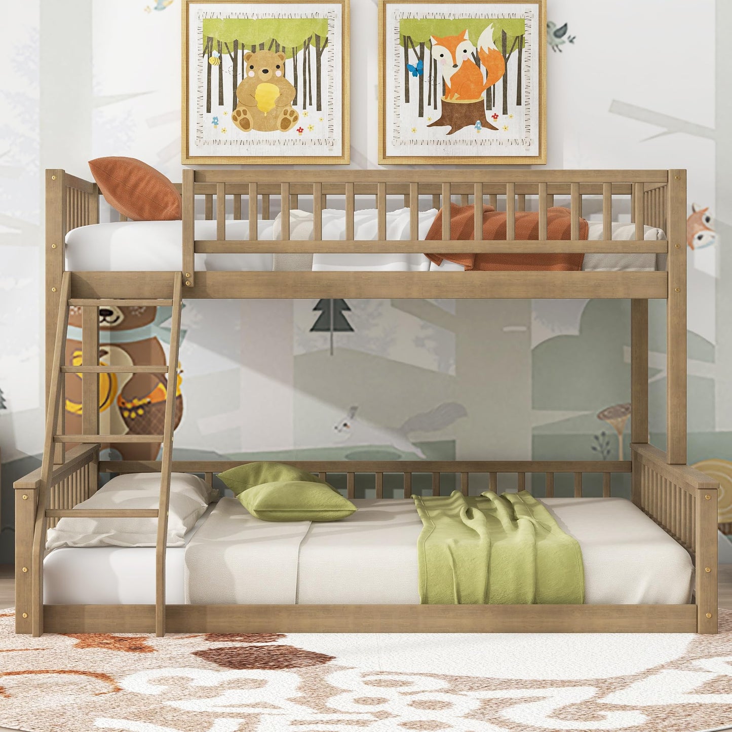 Merax Twin XL Over Queen Floor Bunk Bed with Ladder and Guardrails, Bedroom Wood Bunk Bed Frame for Kids/Teens/Youths/Adults, Space Saving & Noise Free, No Box Spring Needed, Walnut Brown