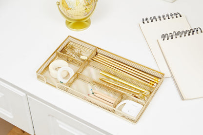 Annova Desk Drawer Organizer Tray for Office Organization - Metal Mesh - Storage Tray with Dividers for Pens, Desktop Accessories, Bathroom, Kitchen, Makeup and Office Supplies (Small, Gold)