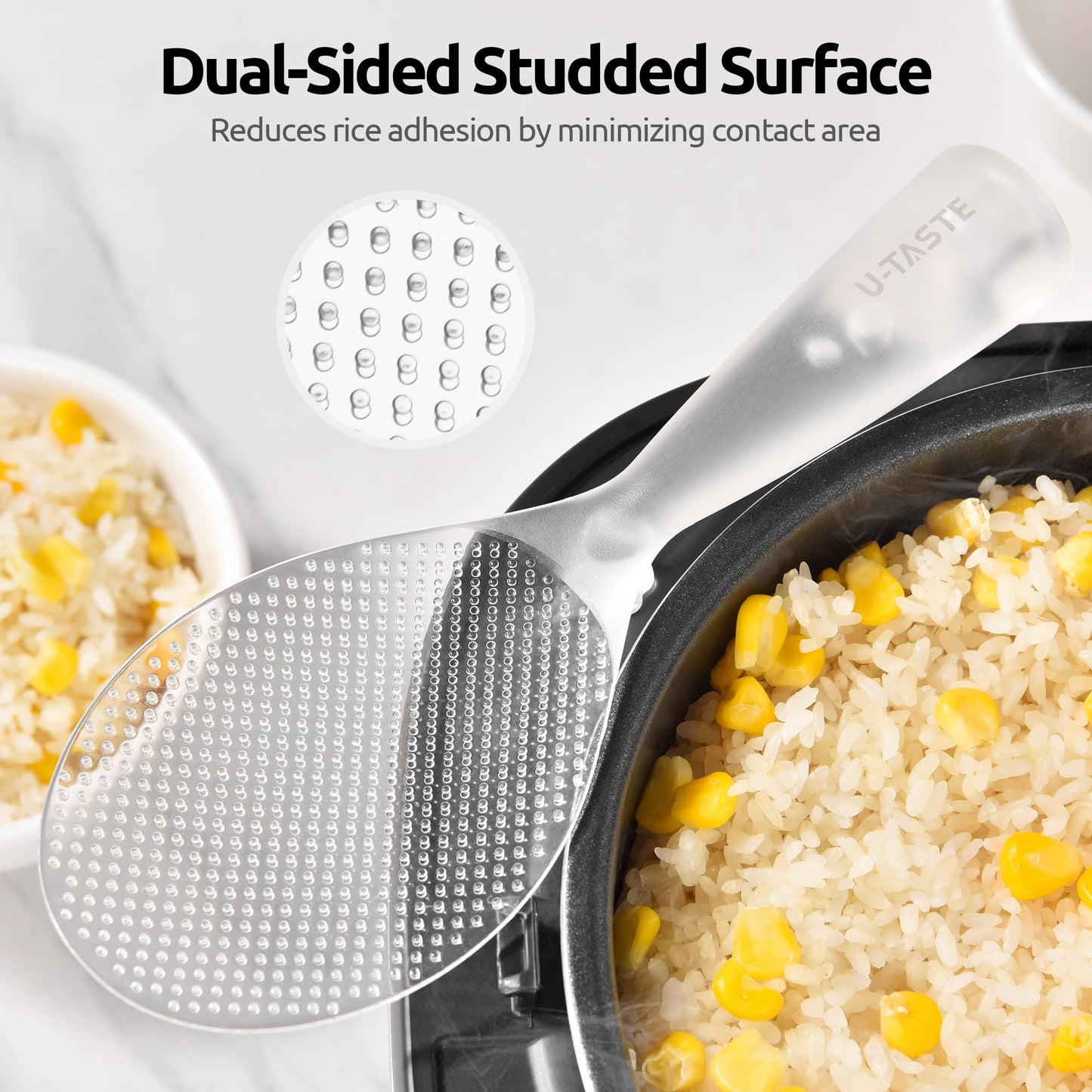 U-Taste Rice Spoon Paddle Scooper: 329°F Heat Resistant Food-Grade TPX Rice Spatula, Safe for Non-Stick Cookware, with Built-In Stand, Lightweight for Sushi, Pasta, Cooking & Serving (Transparent)