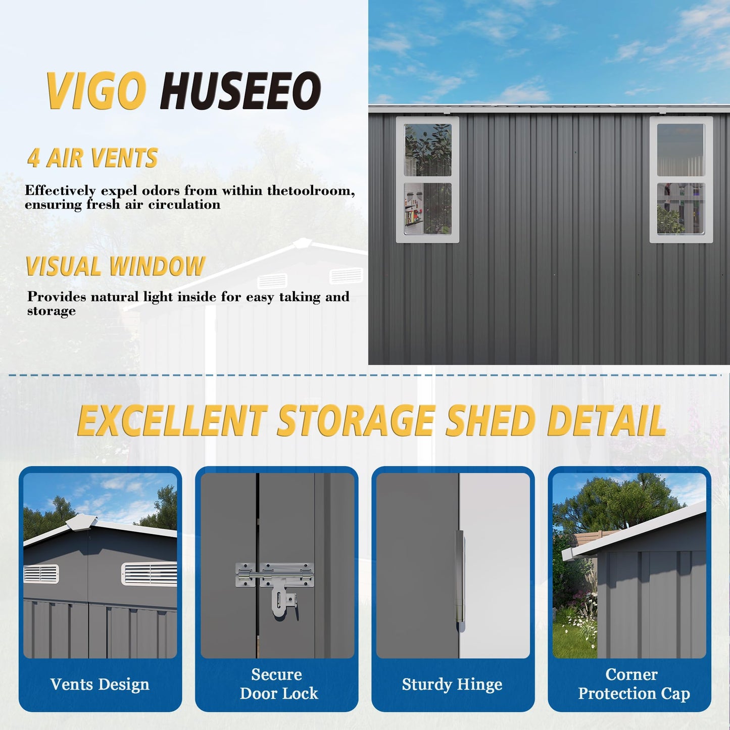 Vigo huseeo 10x12x6.7FT Outdoor Storage Shed, Galvanized Steel Garden Shed with Lockable Door & Window, Waterproof Metal Tool Storage for Garden, Backyard, Patio, Lawn
