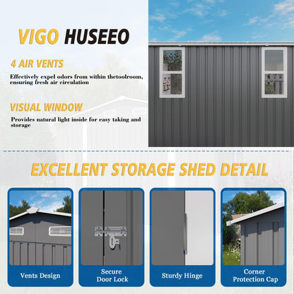 Vigo huseeo 10x12x6.7FT Outdoor Storage Shed, Galvanized Steel Garden Shed with Lockable Door & Window, Waterproof Metal Tool Storage for Garden, Backyard, Patio, Lawn