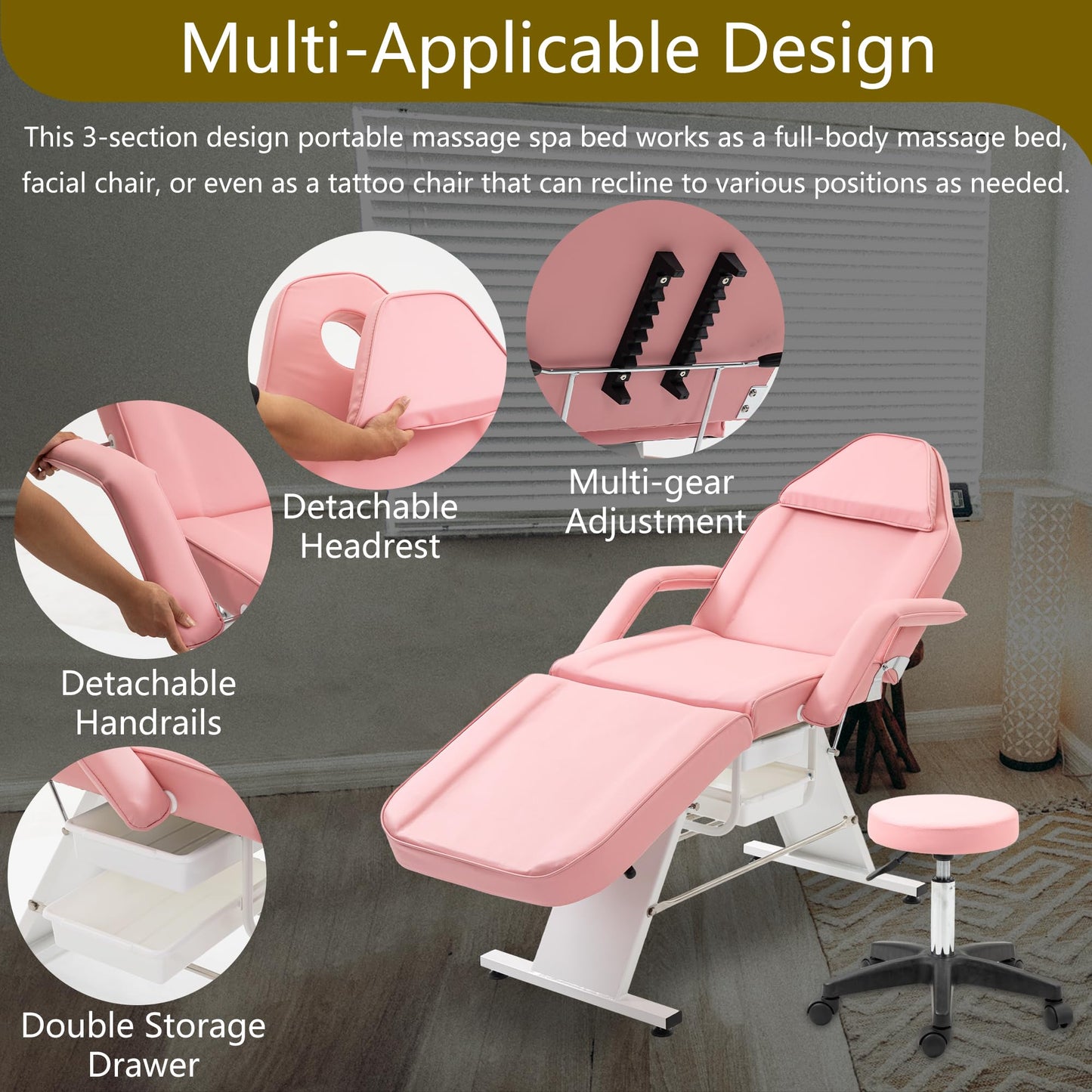 hereyova Massage Salon Chair with Two Trays Esthetician Bed with Hydraulic Stool,Multi-Purpose 3-Section Facial Bed Table, Adjustable Beauty Barber Spa Beauty Equipment, Pink