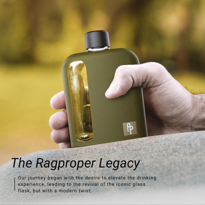 Ragproper Modern Glass Hip Flask for Men | Cork & Silicone Lid Liners | Firm Grip | Curved Edges | Durable Silicone Covered Flask for Whiskey | Liquor | Sprits | 100ml Single+ 240ml Double | Green