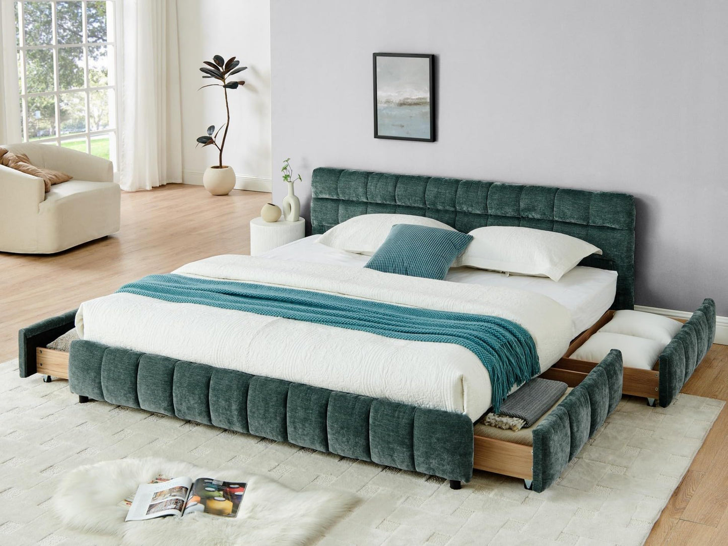 KEIKI King Thick Chenille Bed Frame with 4 Storage Drawer & Upholstered Tufted Headboard, Modern Solid Wood Floor Platform for Bedroom, No Box Spring Needed