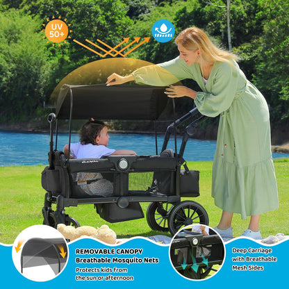 ELEMARA Foldable Wagon Stroller, Stroller Wagon for 2 Kids, Premium All Terrain Wagon for Kids with Removable Canopy, Adjustable Push/Pull Handle, Harnesses, Large Storage Bag, Black