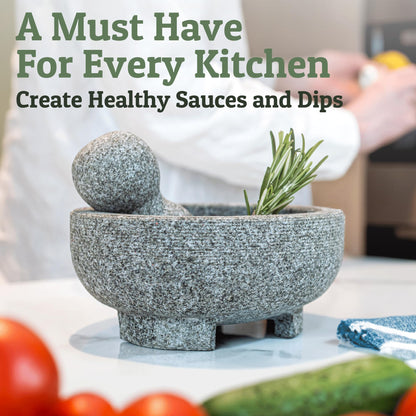 PriorityChef Granite Mortar and Pestle Set - 6.1 Inch Natural Stone Molcajete Mexicano for Spices, Seasonings, Pastes - Pestle and Mortar Bowl for Fresh Guacamole, Salsa, Pesto, Small, Grey