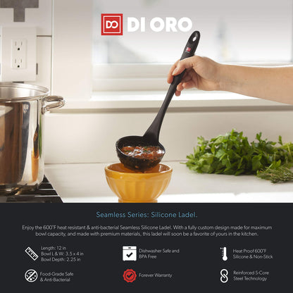 DI ORO Silicone Ladle – Soup Ladle for Cooking & Serving Heat-Resistant - Large Kitchen Soup Ladle Nonstick Cookware Safe - Soup Serving Spoon with Wide Bowl - Silicone Utensil Dishwasher Safe (Black)