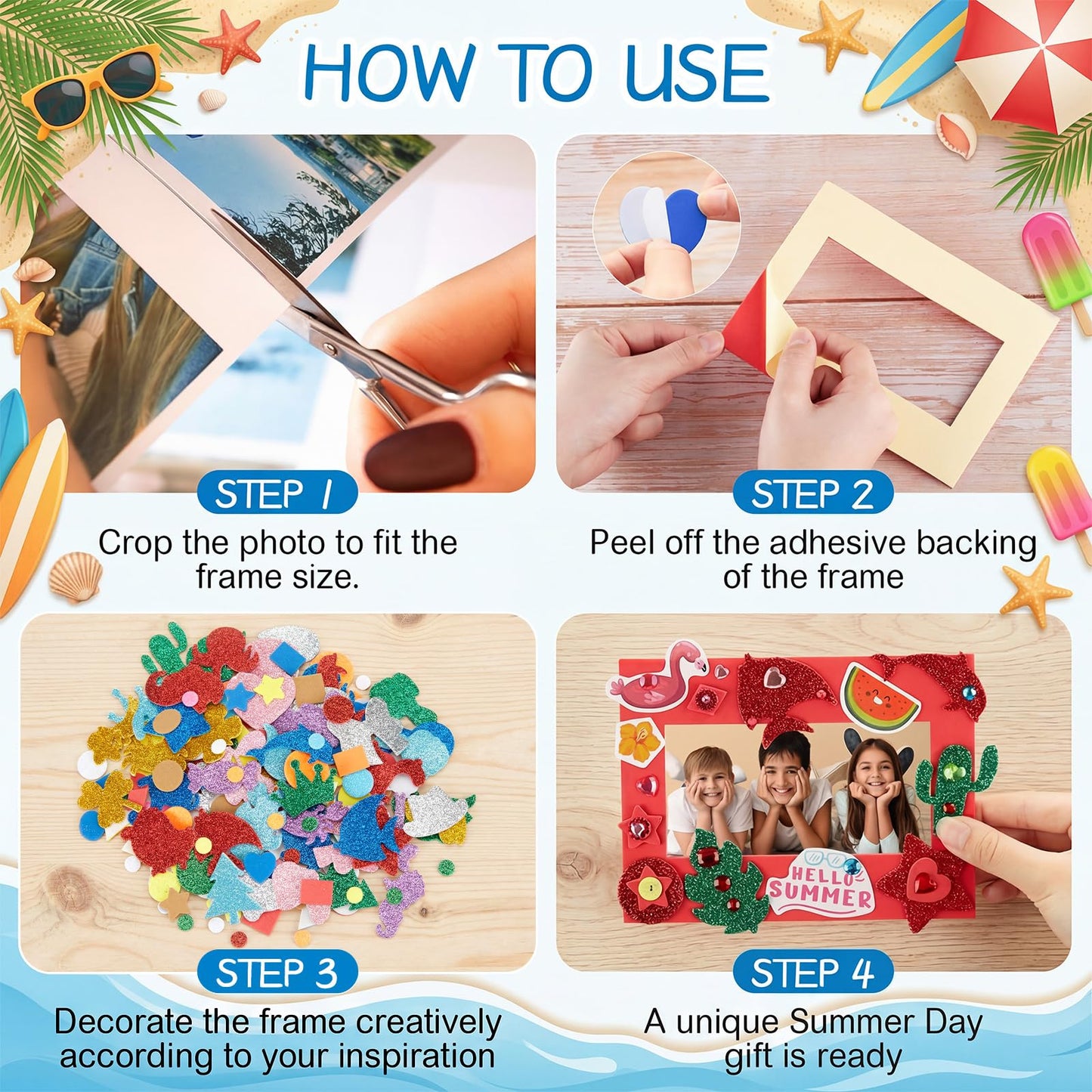 BreezeHug 48 Sets Summer Foam Picture Frame Crafts Kits Beach Pool Decorations DIY Craft Kits with Summer Hawaii Stickers for Party Holiday Exchange Gifts Art Project Supplies