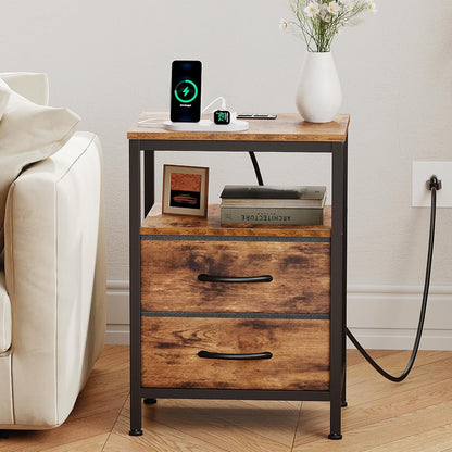 2 OLIXIS Nightstand with Charging Station, Bedside Table with USB Ports & Type-C, Fabric Drawers Night Stand with Open
