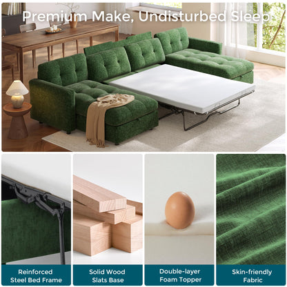 LINSY HOME U-Shaped Sleeper Sofa with Storage, Green Corduroy, 152.5 x 65 x 34.5 Inches, 4-Seater Convertible Couch with Pull-Out Bed