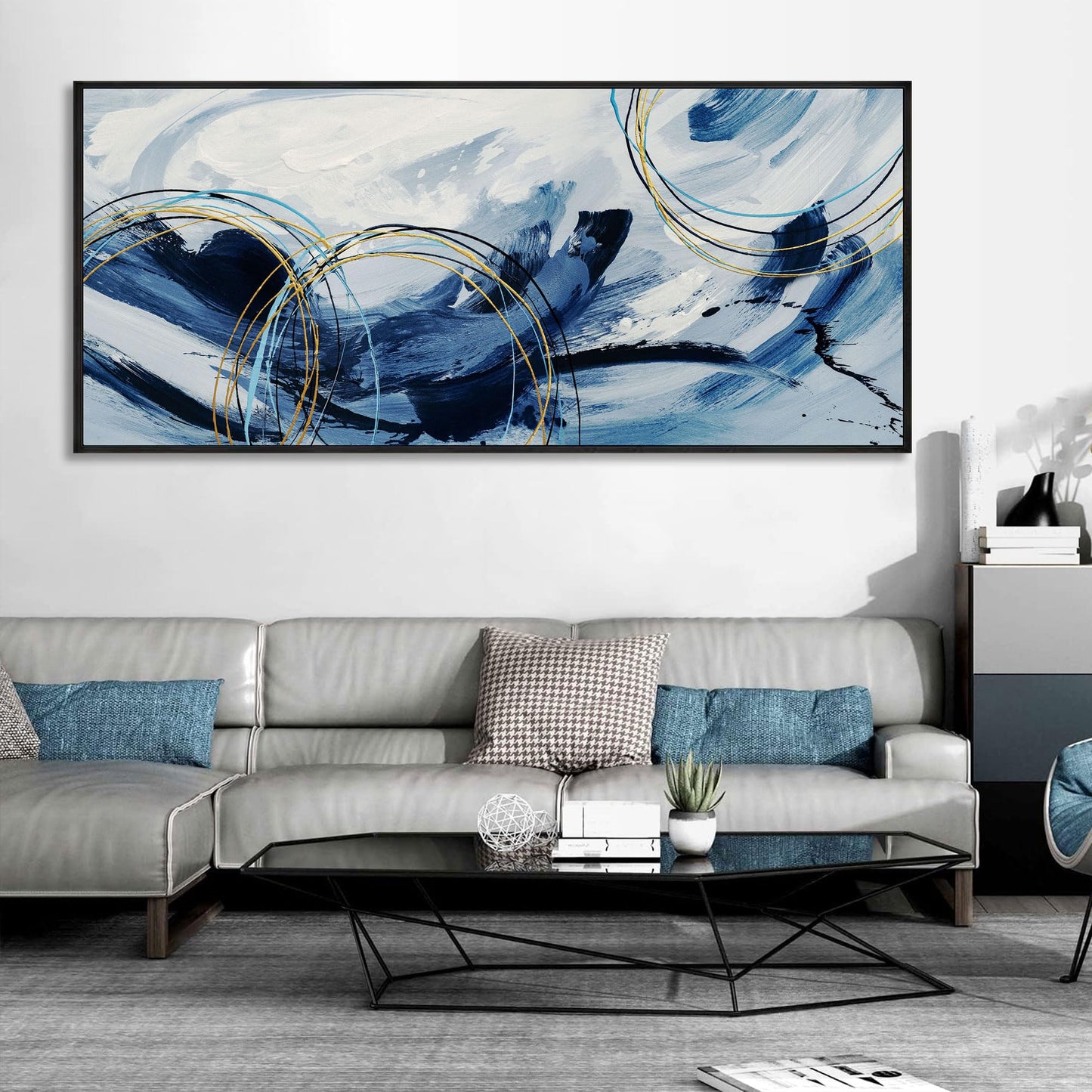 yiijeah Large Wall Art - Modern Blue Abstract Wall Decor for Living Room and Bedroom Print Pictures Canvas Framed Artwork Home Office Decoration