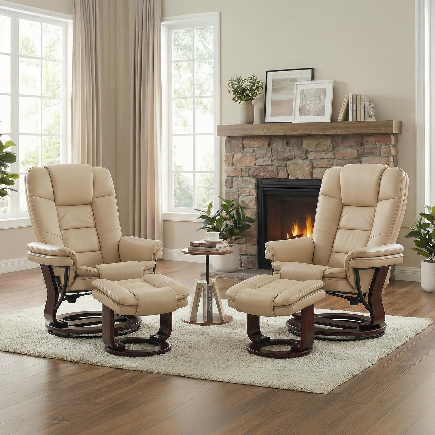 Argus Swivel Recliner with Ottoman, PU Leather & Wood Base Reclining Chair with Footrest, Ultra-Plush Double Foam for Living Room, Bedroom and Office, Set of 2
