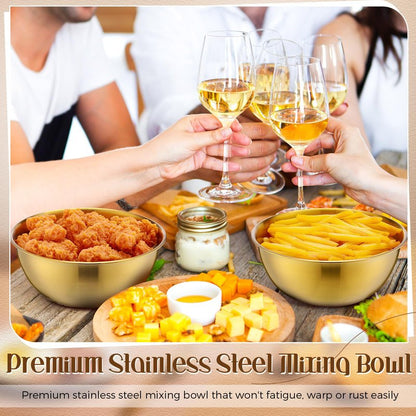 Nuogo 12 Pack 8.27 Inches Gold Stainless Steel Mixing Bowls with Airtight Lids Stackable Metal Serving Esthetician Facial Bowls for Salad, Fruit, Soup & Kitchen Prep