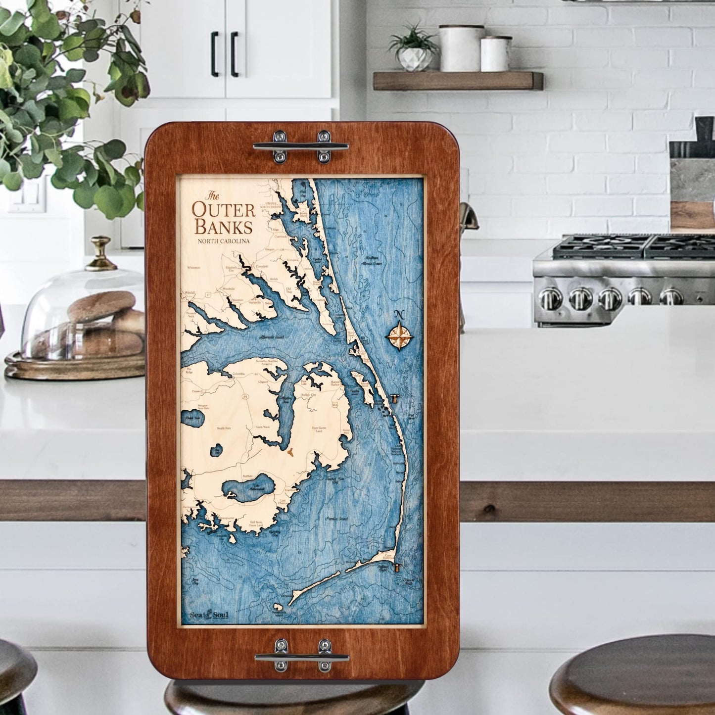 Outer Banks 3D Wood Map Nautical Decor Serving Tray & Wall Art, OBX Coastal Home Decor, Nautical Ottoman Tray, Handcrafted in The USA, 13 x 24.5-in (Distressed Coffee/Deep Blue)