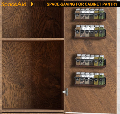 SpaceAid Spice Rack with 24 Spice Jars, 386 Spice Labels, Chalk Marker and Funnel, Wood Hanging Seasoning Shelf for Cabinet Door or Wall Mount (4 Pack)