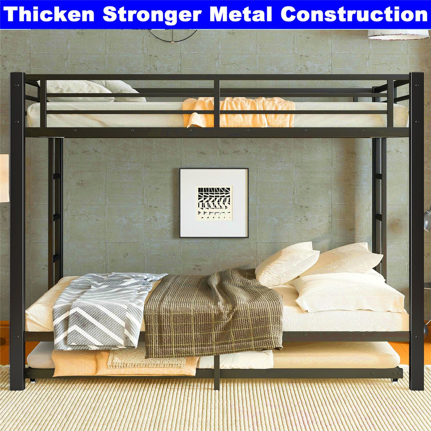 STERXONE Upgraded Version Thicken Metal Heavy Duty Queen Over Queen Bunk Bed with Twin Size Trundle, Stronger Steel Bunk Bed with Ladder for Adults, Easy Assembly (Queen Over Queen)