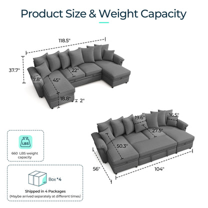 LINSY HOME Oversized Sectional Sleeper Sofa with Pull Out Couch Bed (Gray, 118.5'')